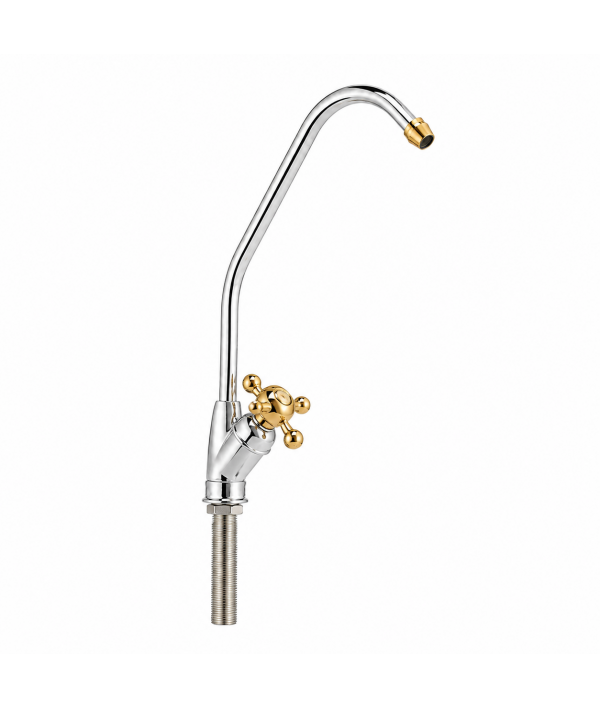Wellon Premium RO Faucet with Gold Cross Handle | High Arc Drinking Water Tap | Chrome Finish | Countertop Mount | For RO & Water Purifier